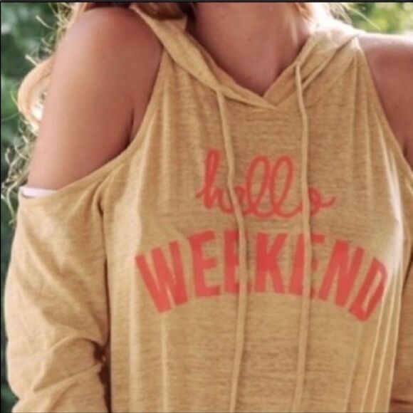 “Hello Weekend” Graphic Cold Shoulder Hoodie‎ - Picture 2 of 13